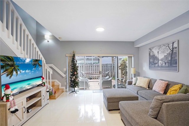 living room with light tile patterned flooring