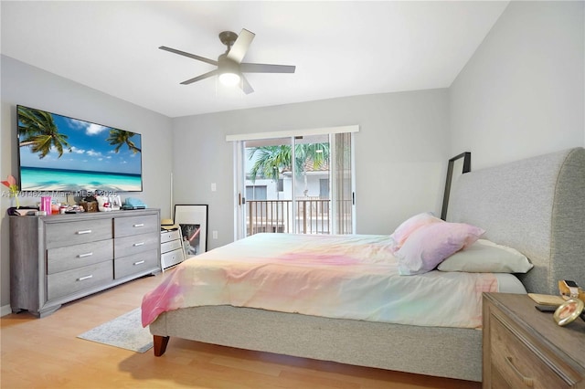 bedroom with access to outside, ceiling fan, and light wood-type flooring