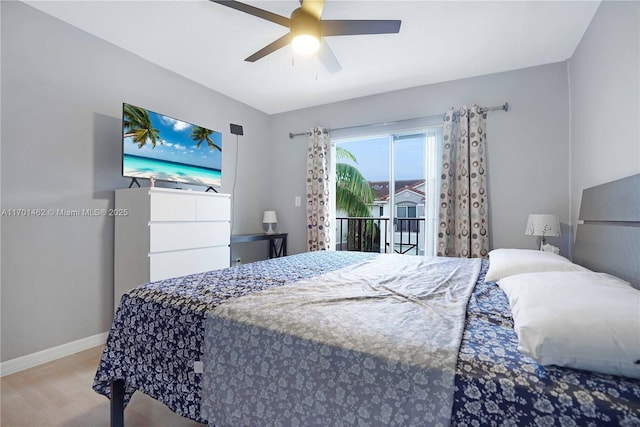 bedroom with ceiling fan, access to exterior, and light hardwood / wood-style floors