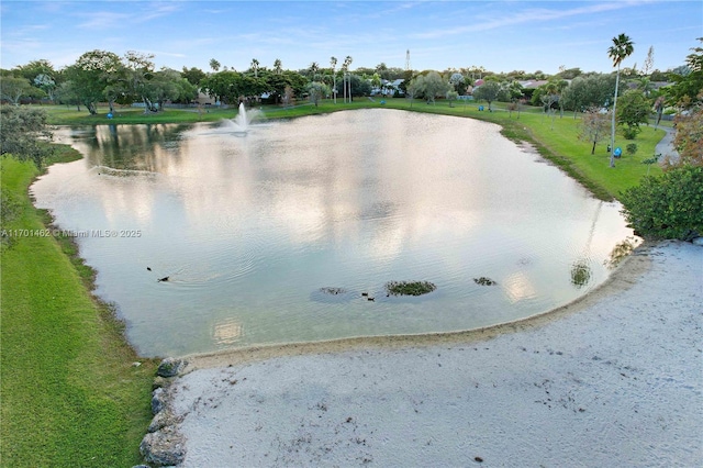 drone / aerial view with a water view