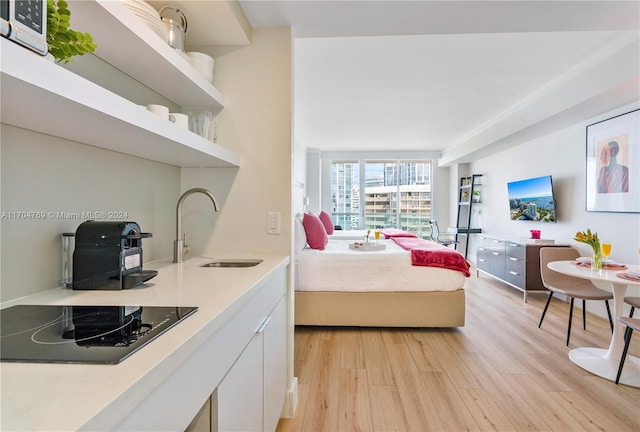 bedroom featuring light wood-type flooring and sink