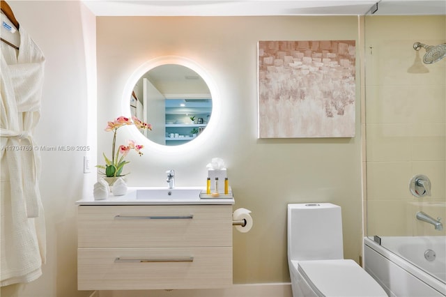 full bathroom featuring bath / shower combo with glass door, vanity, and toilet