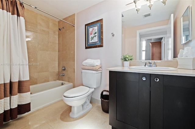 full bathroom featuring vanity, shower / tub combo, and toilet