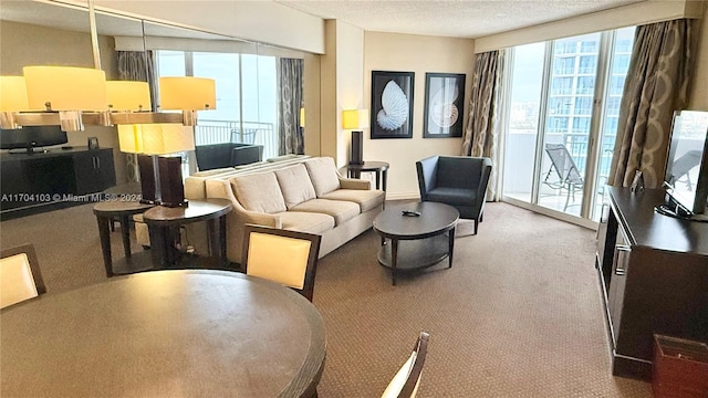 living room with carpet flooring, a textured ceiling, and a healthy amount of sunlight