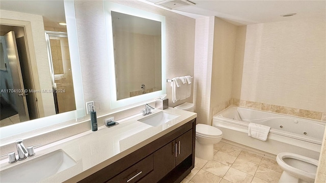 full bathroom featuring separate shower and tub, vanity, and toilet