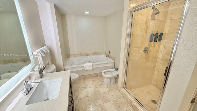 full bathroom featuring tile patterned flooring, separate shower and tub, a bidet, and toilet