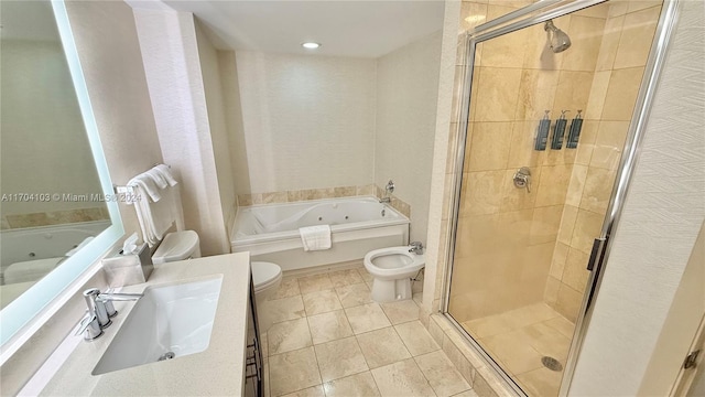 17375 Collins Ave Unit 2406, Sunny Isles Beach, FL 33160 - bathroom with a jetted tub, vanity, a stall shower, and tile patterned floors