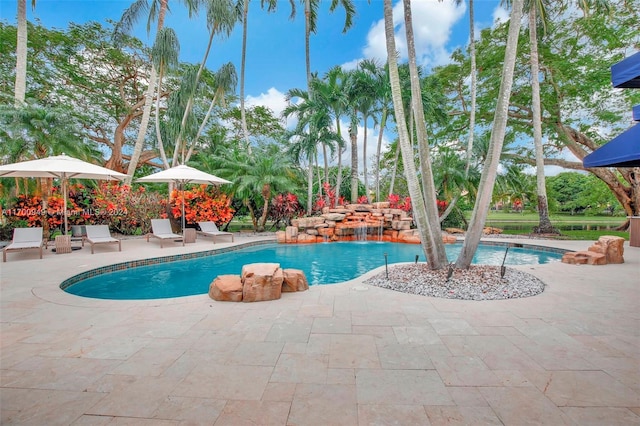 view of pool with pool water feature and a patio