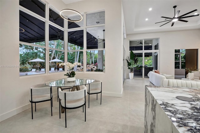 dining space featuring a tray ceiling and ceiling fan