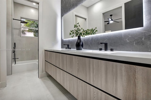 full bathroom with ceiling fan, tile patterned flooring, backsplash, toilet, and vanity