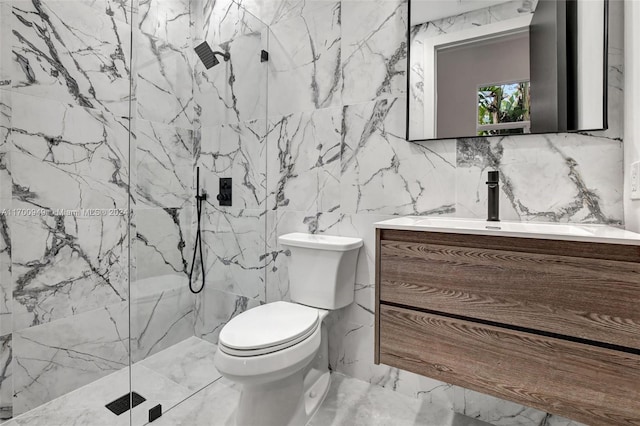 bathroom with a shower, vanity, and tile walls