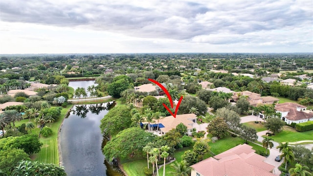 aerial view featuring a water view