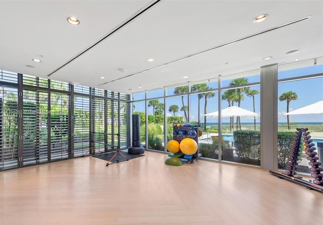 exercise room with plenty of natural light, expansive windows, and recessed lighting