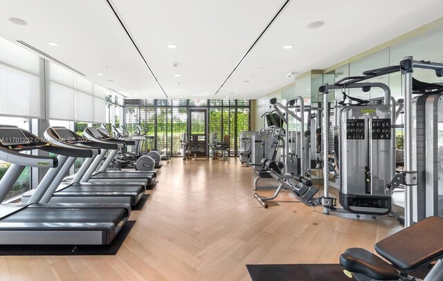 interior space with light hardwood / wood-style floors and a wall of windows