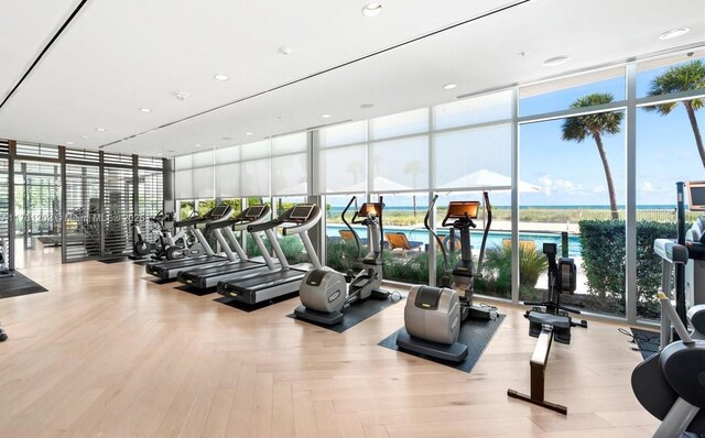 gym with floor to ceiling windows and hardwood / wood-style floors