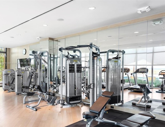 exercise room featuring expansive windows and wood finished floors