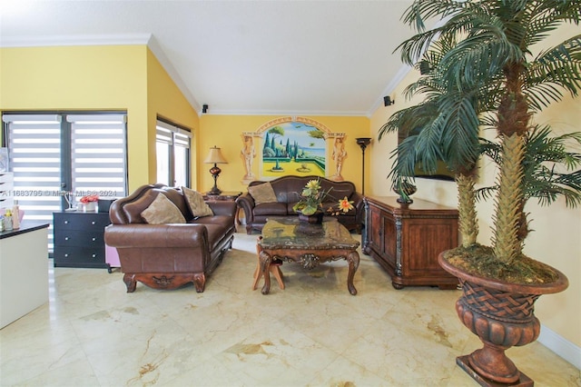 living room featuring ornamental molding and vaulted ceiling