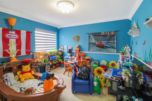 game room featuring a textured ceiling, carpet floors, and crown molding