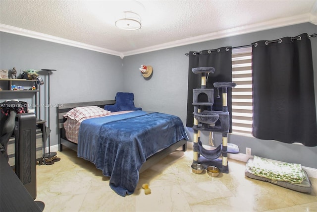 bedroom with a textured ceiling and crown molding