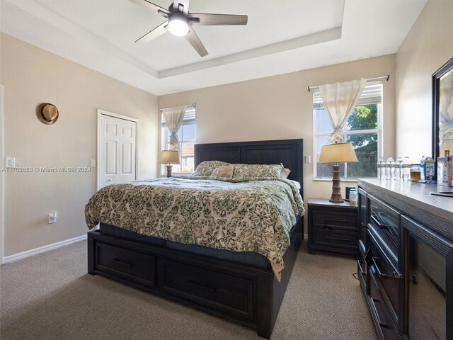 bedroom with light carpet, a closet, a raised ceiling, and ceiling fan