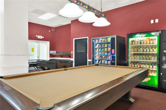 recreation room featuring beverage cooler, carpet floors, and billiards