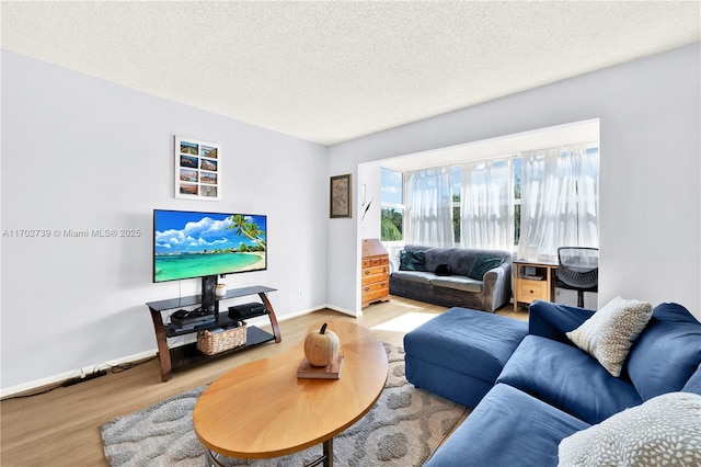 living room with hardwood / wood-style floors and a textured ceiling