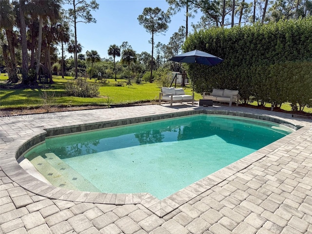 view of swimming pool with an outdoor hangout area, a patio area, and a lawn