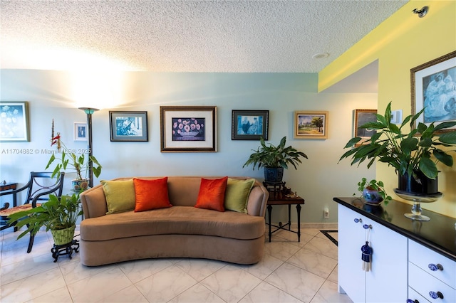 living room with a textured ceiling