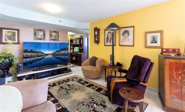 tiled living room featuring a textured ceiling