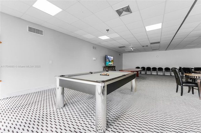 recreation room featuring billiards, baseboards, and visible vents