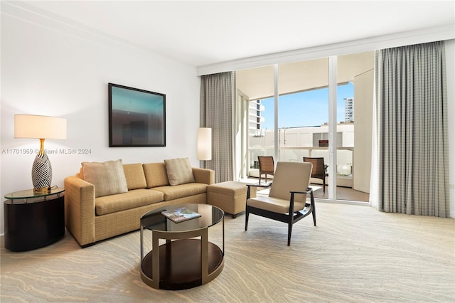 carpeted living room featuring a wall of windows