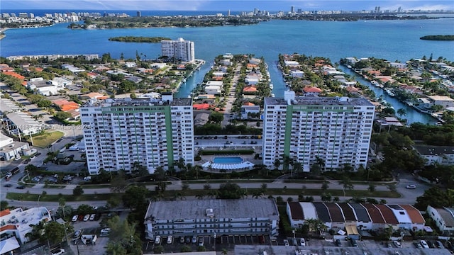 bird's eye view with a water view