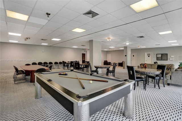 rec room with a paneled ceiling and pool table