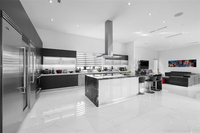 kitchen featuring a kitchen bar, appliances with stainless steel finishes, ventilation hood, and a large island