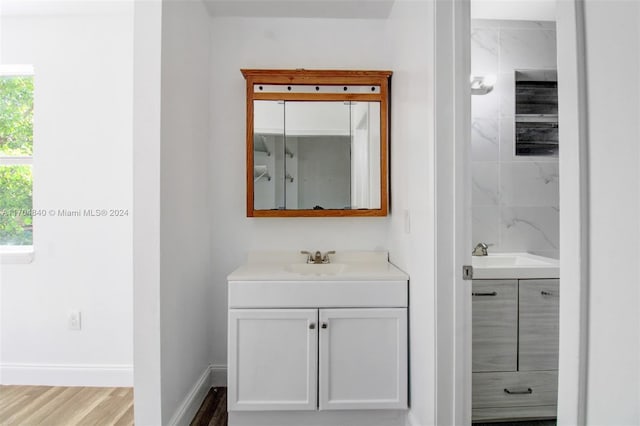 bathroom with vanity, baseboards, and wood finished floors