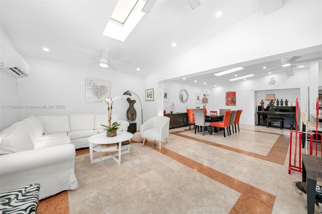 living room with an AC wall unit, ceiling fan, and lofted ceiling