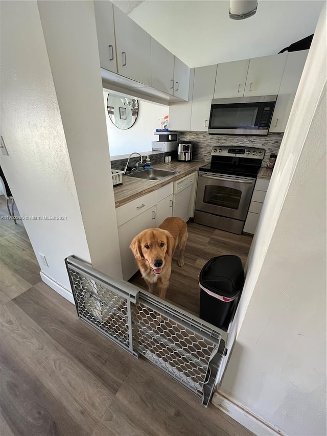 kitchen featuring decorative backsplash, stainless steel appliances, dark wood-type flooring, and sink