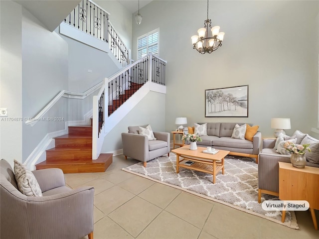 tiled living room featuring a chandelier and a towering ceiling