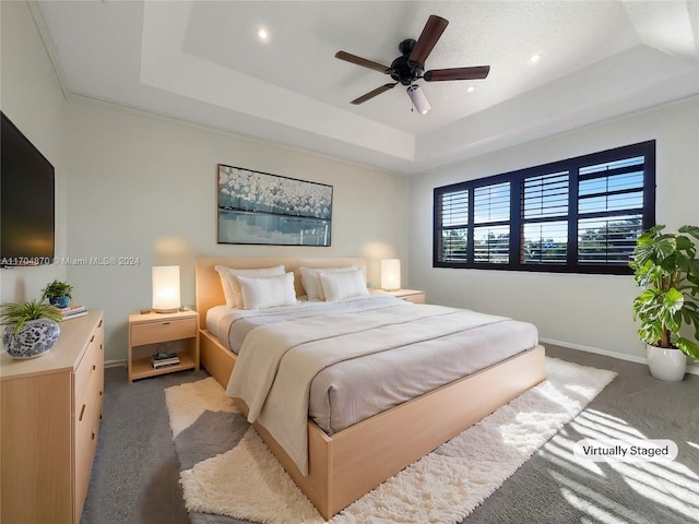 carpeted bedroom featuring a raised ceiling and ceiling fan