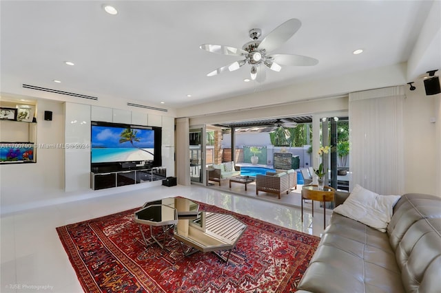 living room featuring ceiling fan