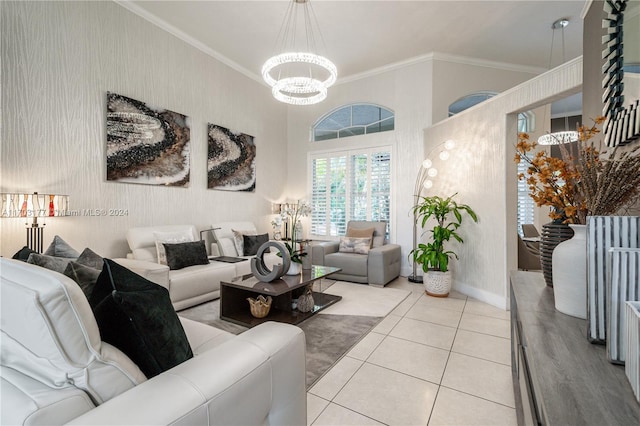 tiled living room featuring ornamental molding and an inviting chandelier