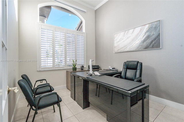 tiled home office with crown molding