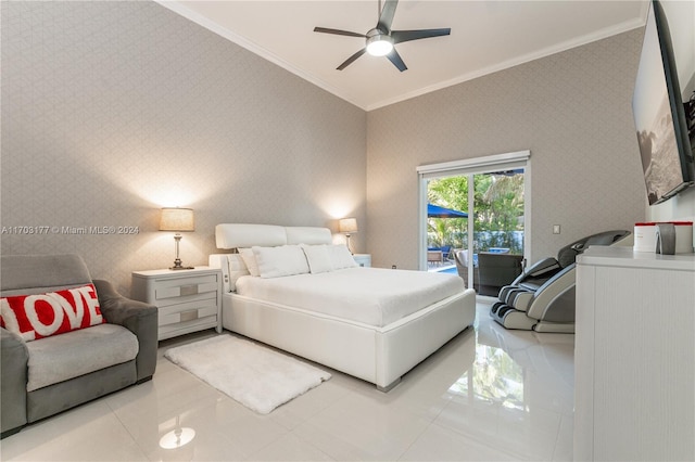 bedroom with ceiling fan, crown molding, and light tile patterned flooring