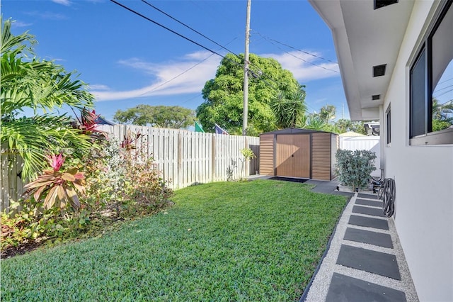 view of yard featuring a storage shed