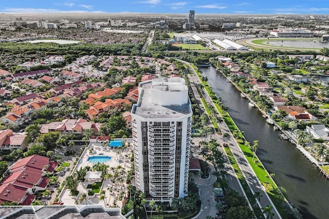 drone / aerial view with a water view