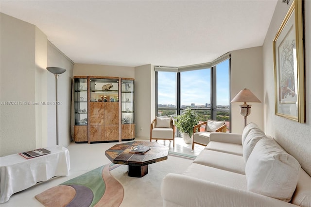 living room with floor to ceiling windows