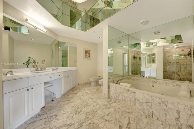 full bathroom featuring vanity, toilet, plus walk in shower, and a bidet