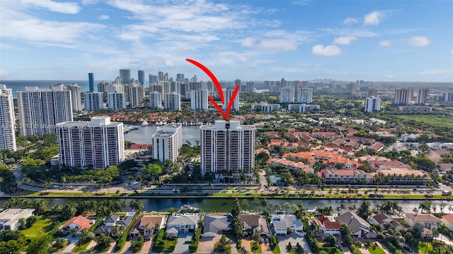 bird's eye view with a water view