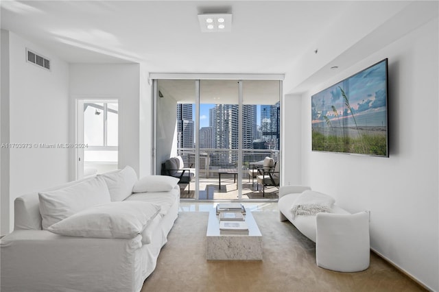 living room with carpet and floor to ceiling windows