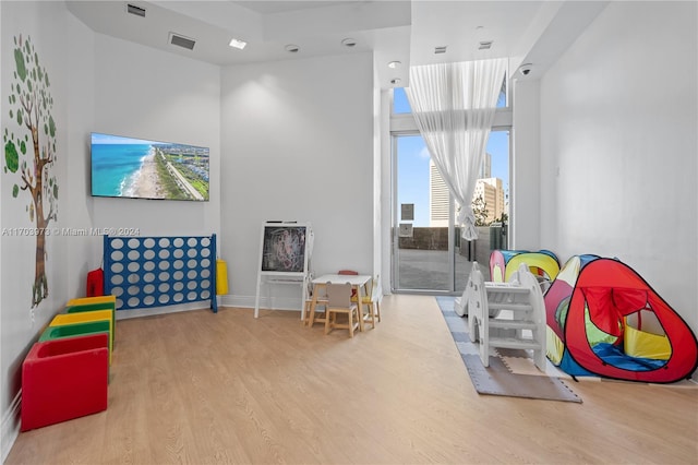 recreation room with light hardwood / wood-style floors